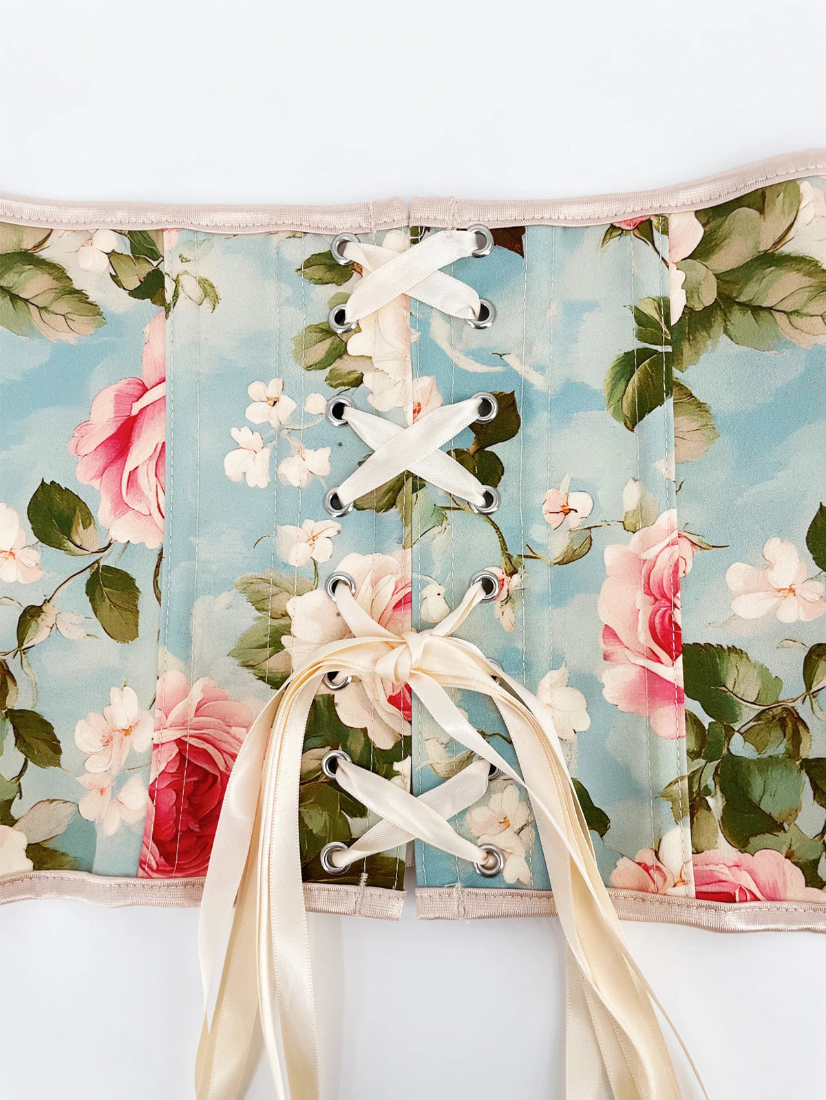 Roses and Blue Skies Floral Print Corset Overbust Corselet Bustiers