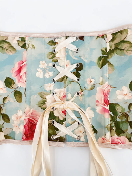 Roses and Blue Skies Floral Print Corset Overbust Corselet Bustiers