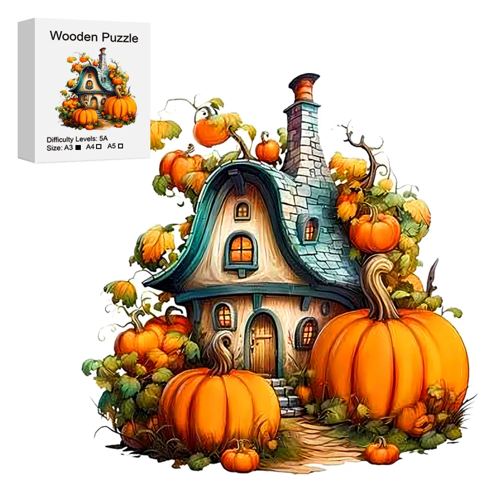 Pumpkin Cottage Wooden Jigsaw Puzzle Irregular Shaped Pieces