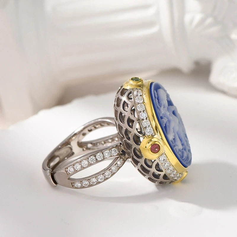 La Belladonna Wraith S925 Sterling Silver Rings Blue Agate White Shell Full Zircon Portrait Jewellery