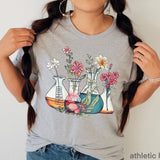 Floral Beakers Chemistry Lab Scientist T-Shirt Biology Teacher Cotton Tee