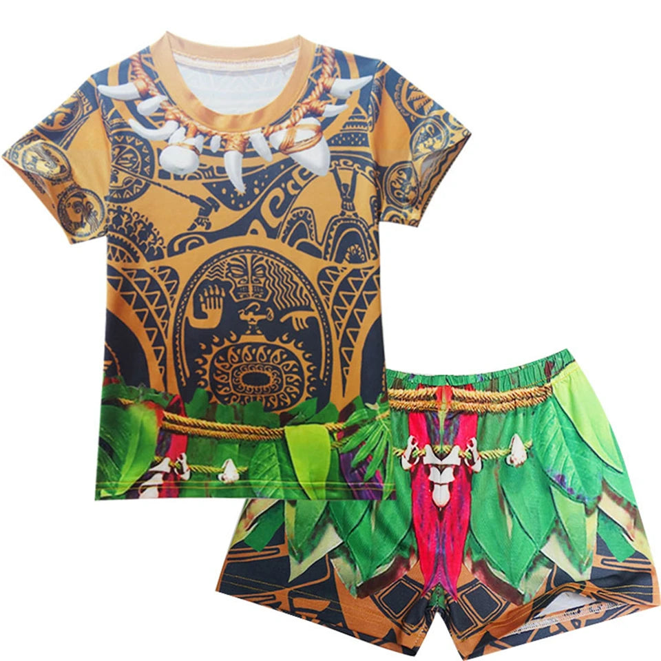 Maui Kids Cosplay 2Pcs Print Moana Boys Swimsuits Top and Shorts Children's Swimwear Book Week Costumes