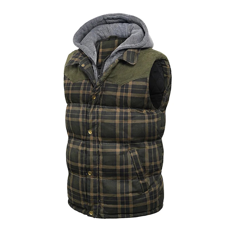 Woodsman Cotton Plaid Hooded Puffer Vest Jacket Thick Warm Winter Plaid Sleeveless Coat