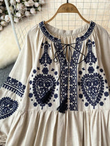 Georgia's Embroidered Boho Cotton Linen Long Sleeves Mini Dress