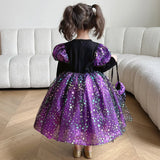 Purple Witch Girls Halloween Costume Star Tulle Party Dresses with Props