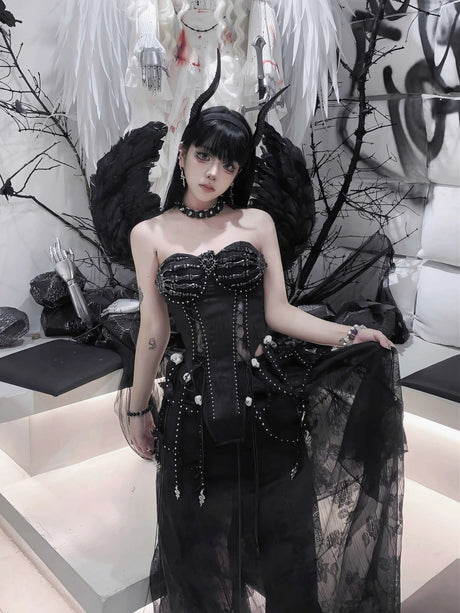 Pure Black Gothic Black Skeleton Hands Laced Corset Top