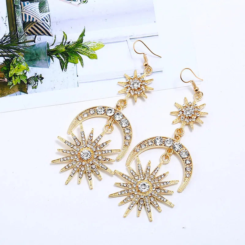 Halo Crown Sun Moon Stars Drop Earrings