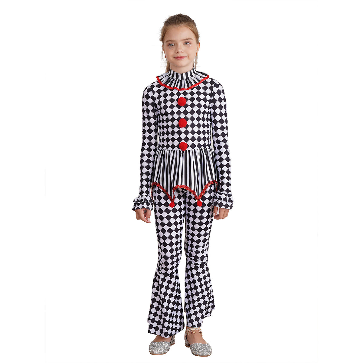 Kids Girls Halloween Harlequin Circus Clown Cosplay Costume Pom Poms Checkerboard Jumpsuit