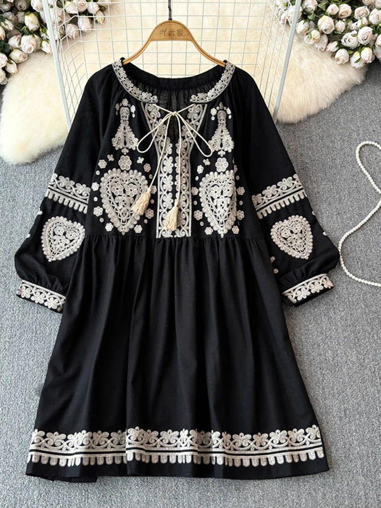 Georgia's Embroidered Boho Cotton Linen Long Sleeves Mini Dress
