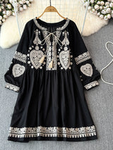 Georgia's Embroidered Boho Cotton Linen Long Sleeves Mini Dress