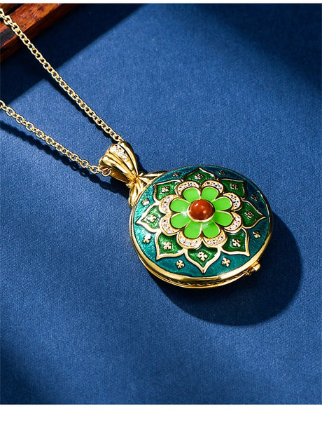 Green Lotus S925 Sterling Silver Locket Pendant Earrings Cloisonne Enamel