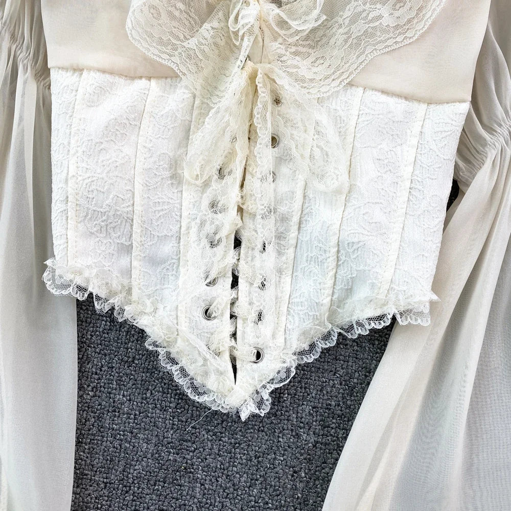 French Court Blouse Chiffon Lace Lace-up Top