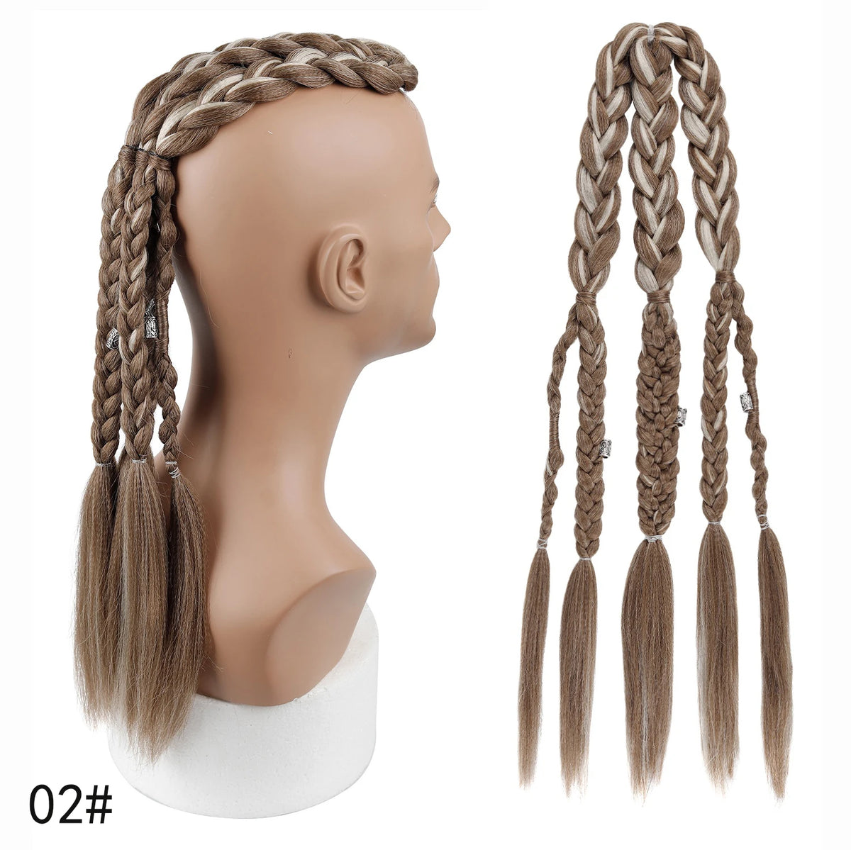 Viking Mohawk Cornrow Braided Mullet Wig Synthetic Thick 5 Braids with Metal Rings for Cosplay