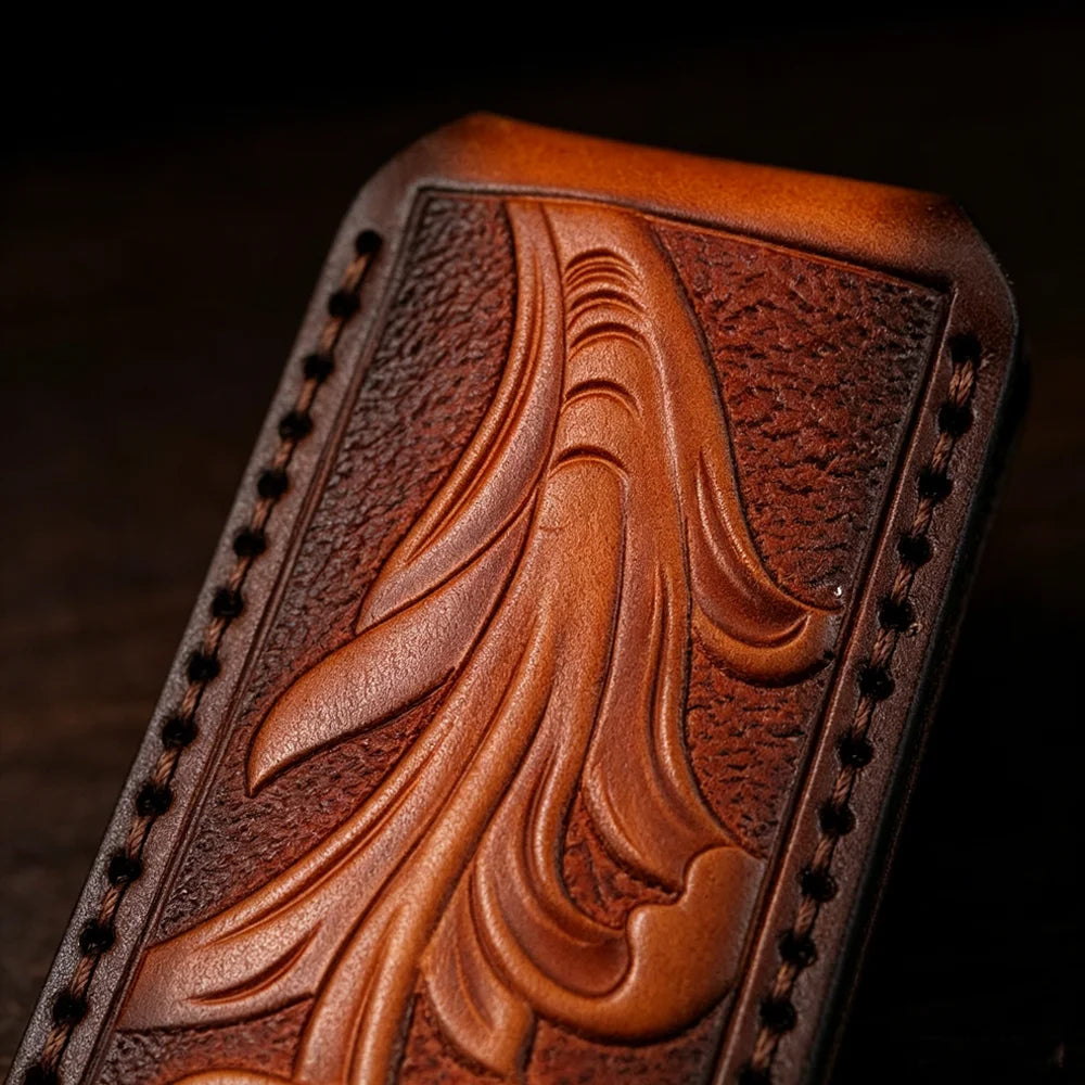 Hand‑Carved Genuine Leather Knife Sheath Belt Loop Protective Pouch for Small Folding Knives