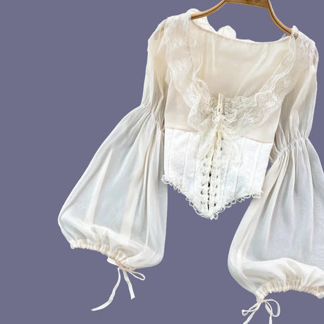 French Court Blouse Chiffon Lace Lace-up Top