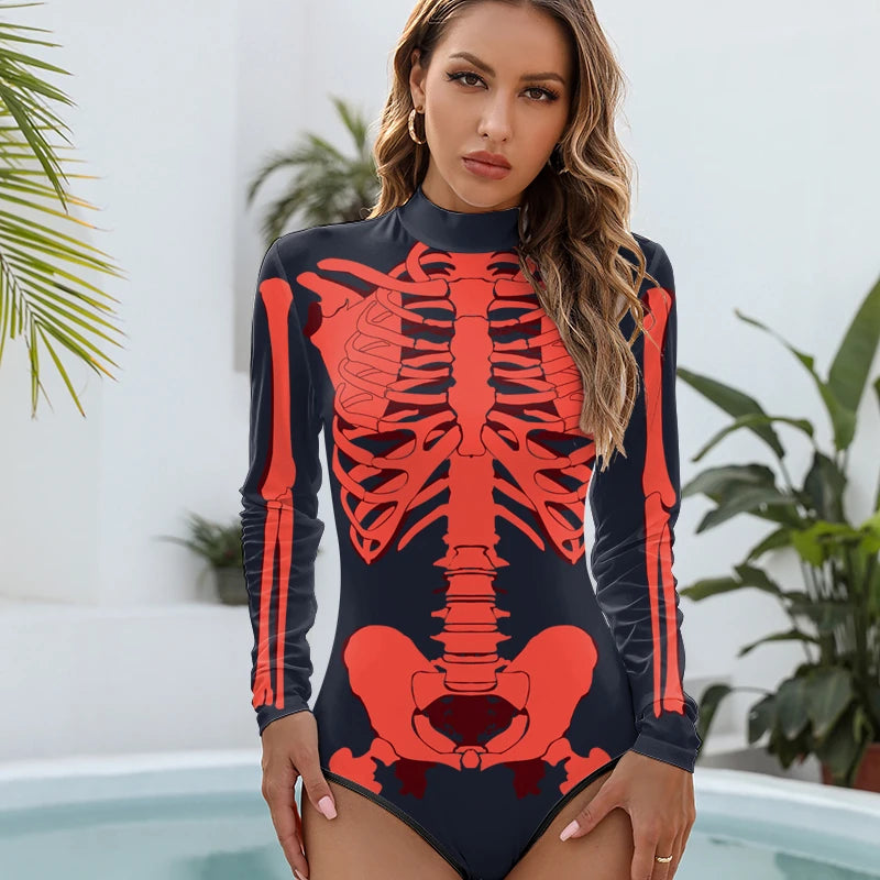 Skeleton Printed Long Sleeve Swimwear One-piece Surfing Swimsuit