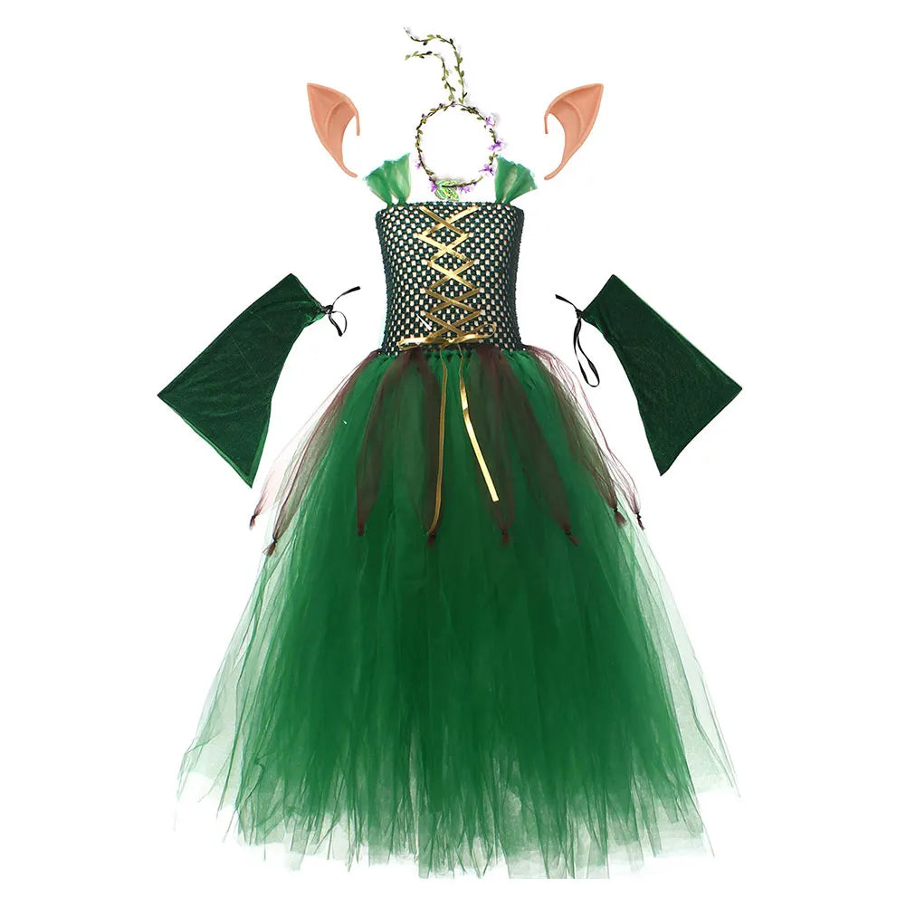 Girls Medieval Elf Cosplay Green Fairy Costume
