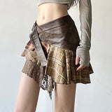 Goblincore Grunge Irregular Spliced Lace Plaid Skirt