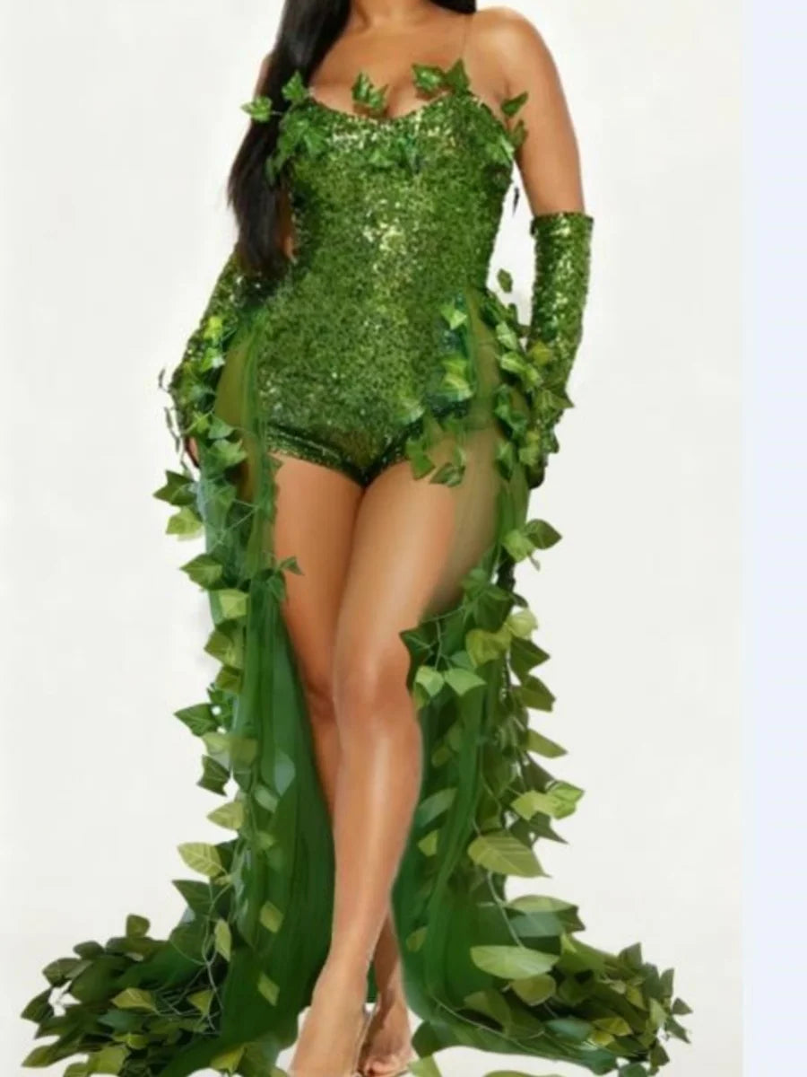 Poison Ivy Halloween Costume Bodysuit Open Dress Gloves Leaf Sequin Cosplay