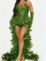 Poison Ivy Halloween Costume Bodysuit Open Dress Gloves Leaf Sequin Cosplay