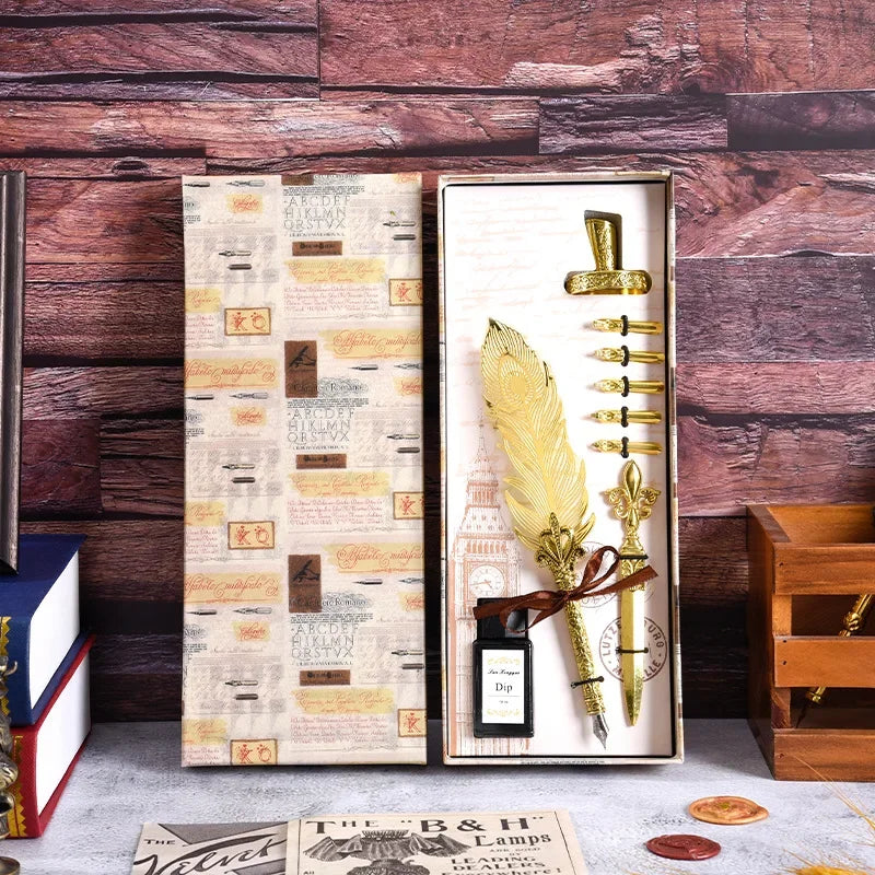 Golden Feather Quill Pens Set Dip Fountain Pens Ink Stationery Writing Gift Box Sets
