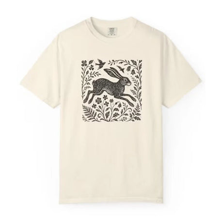 Wild Hare Linoprint T-Shirt Folk Art Forest Animal Naturecore Tee