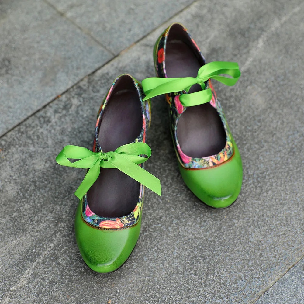 Sarah's Genuine Leather Green Pumps Heels Ribbon Lace Tie Shoes