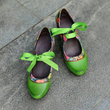 Sarah's Genuine Leather Green Pumps Heels Ribbon Lace Tie Shoes
