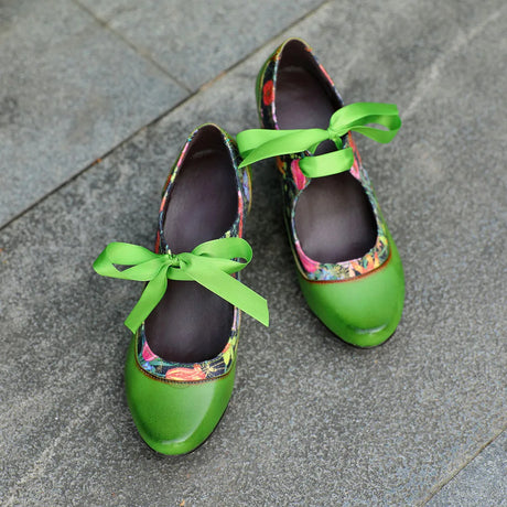 Sarah's Genuine Leather Green Pumps Heels Ribbon Lace Tie Shoes