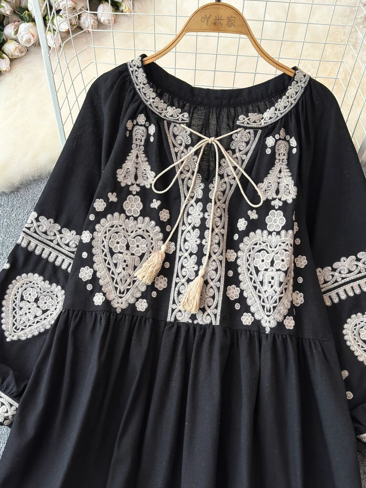 Georgia's Embroidered Boho Cotton Linen Long Sleeves Mini Dress