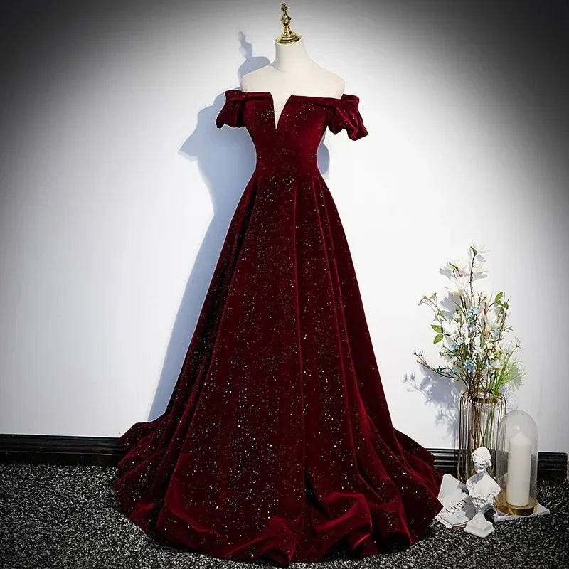Lady Eloise's Wine Red Velvet Evening Gown Custom Made Formal Dress