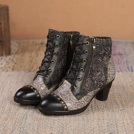 Aggy's Vintage Floral Genuine Leather Patchwork Rivet Handmade Heeled Ankle Boots Shoes