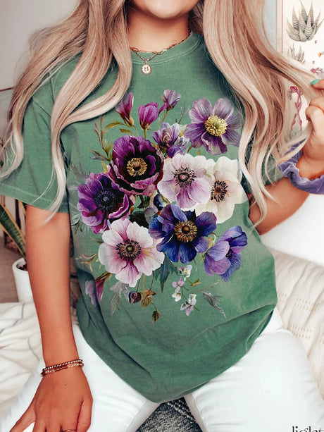 Vintage Pressed Flowers T-Shirt Cottagecore Botanical Purple Floral Cotton Tee