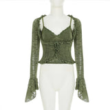 Y2k Dark Green Long Sleeved Ruffle Top Matching Skirt Goblincore