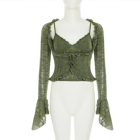 Y2k Dark Green Long Sleeved Ruffle Top Matching Skirt Goblincore