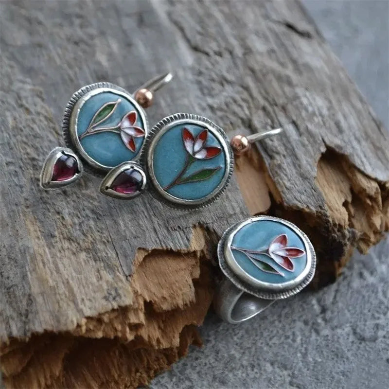 Blue Red Flower Enamel Purple Stone Droplet Dangle Earrings
