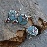 Blue Red Flower Enamel Purple Stone Droplet Dangle Earrings