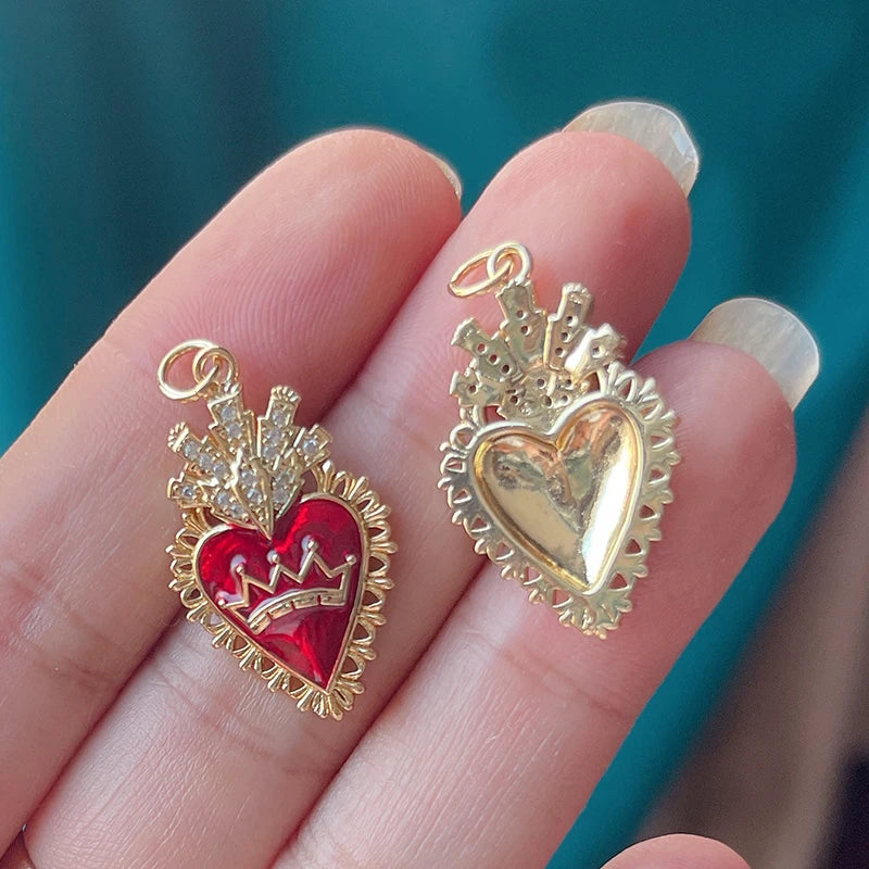 Red and Gold Sacred Heart Charms 18K Gold Plated for Jewellery Making