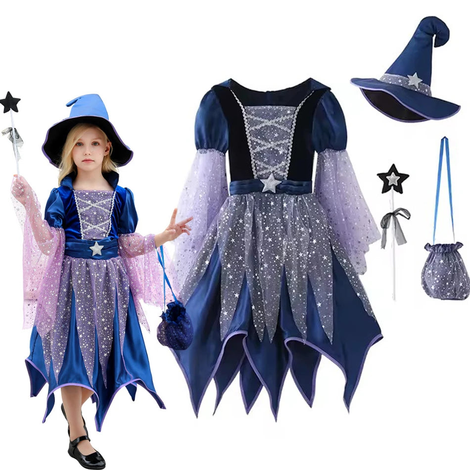 Halloween Witch Costume Dress Sets Bag Hat Wand