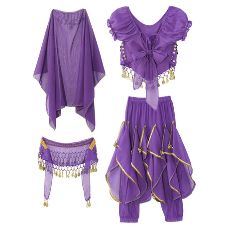 Girls Belly Dance Performance Outfit 4pcs Stage Costume Puff Sleeve Crop Top Ruffled Pants Hip Scarf Headscarf