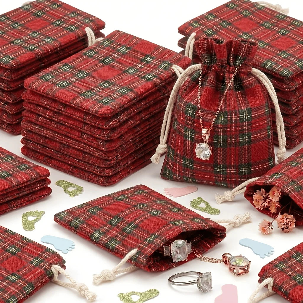 10PCS Linen Christmas Plaid Drawstring Bags Gift Pouches