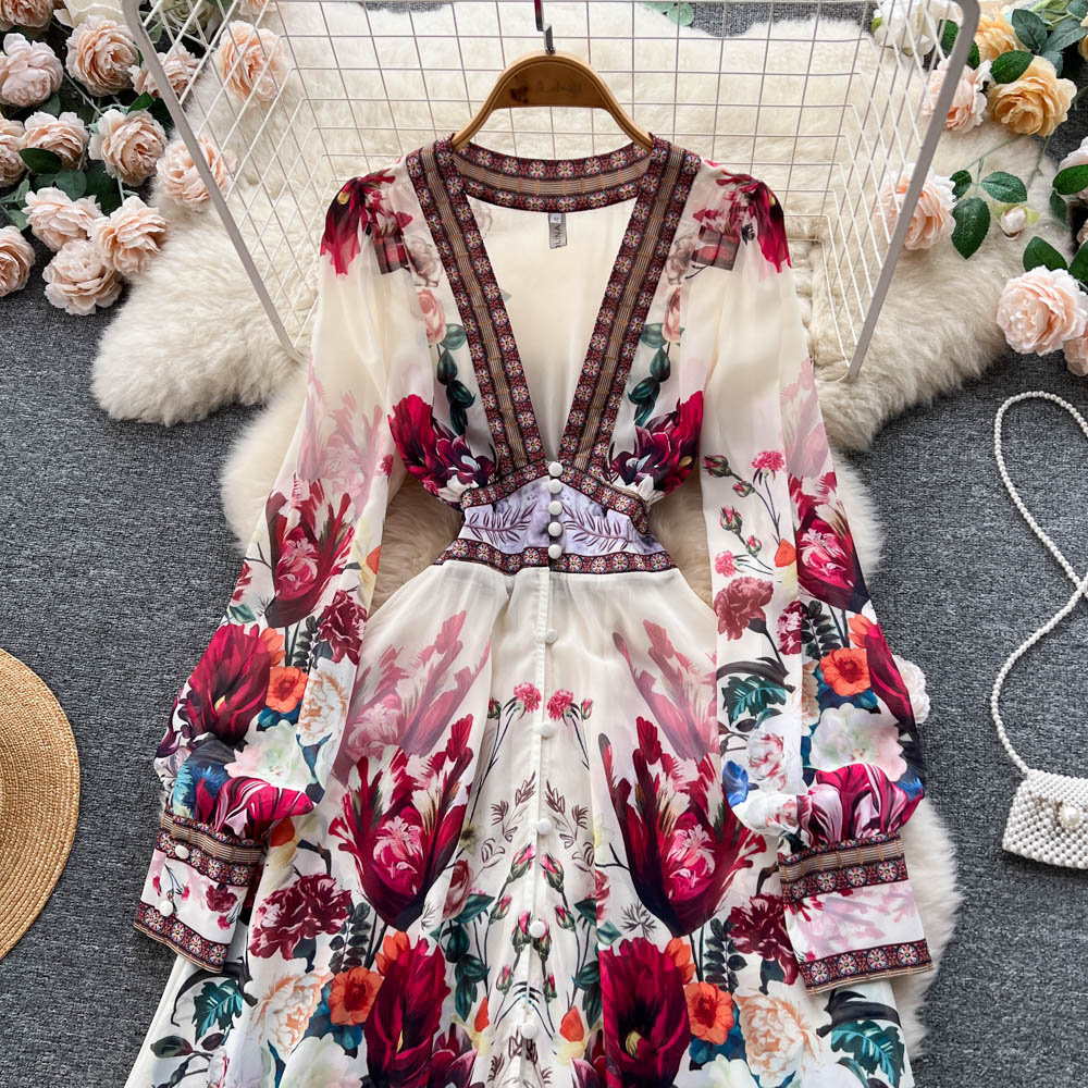 Mandy's Spring Boho Floral Chiffon Cascading Ruffles Dress