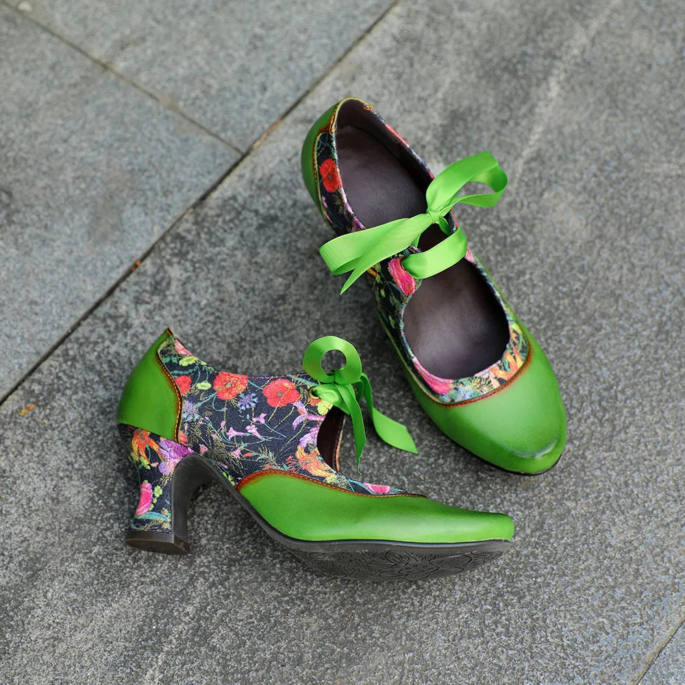 Sarah's Genuine Leather Green Pumps Heels Ribbon Lace Tie Shoes