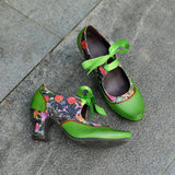Sarah's Genuine Leather Green Pumps Heels Ribbon Lace Tie Shoes