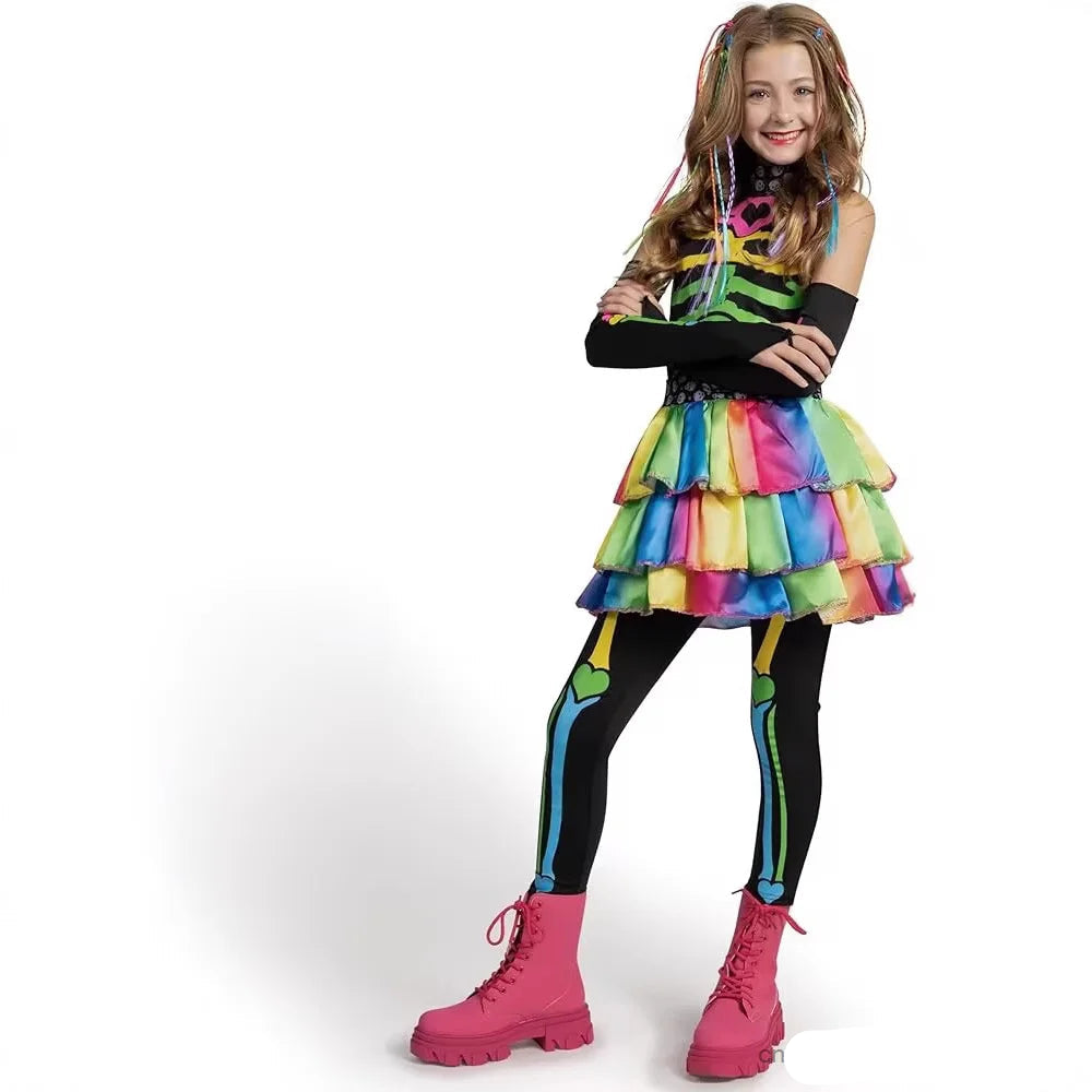 Neon Rainbow Skeleton Costume Tutu Dress Set Halloween Fancy Dress Day of The Dead Carnival Cosplay Party