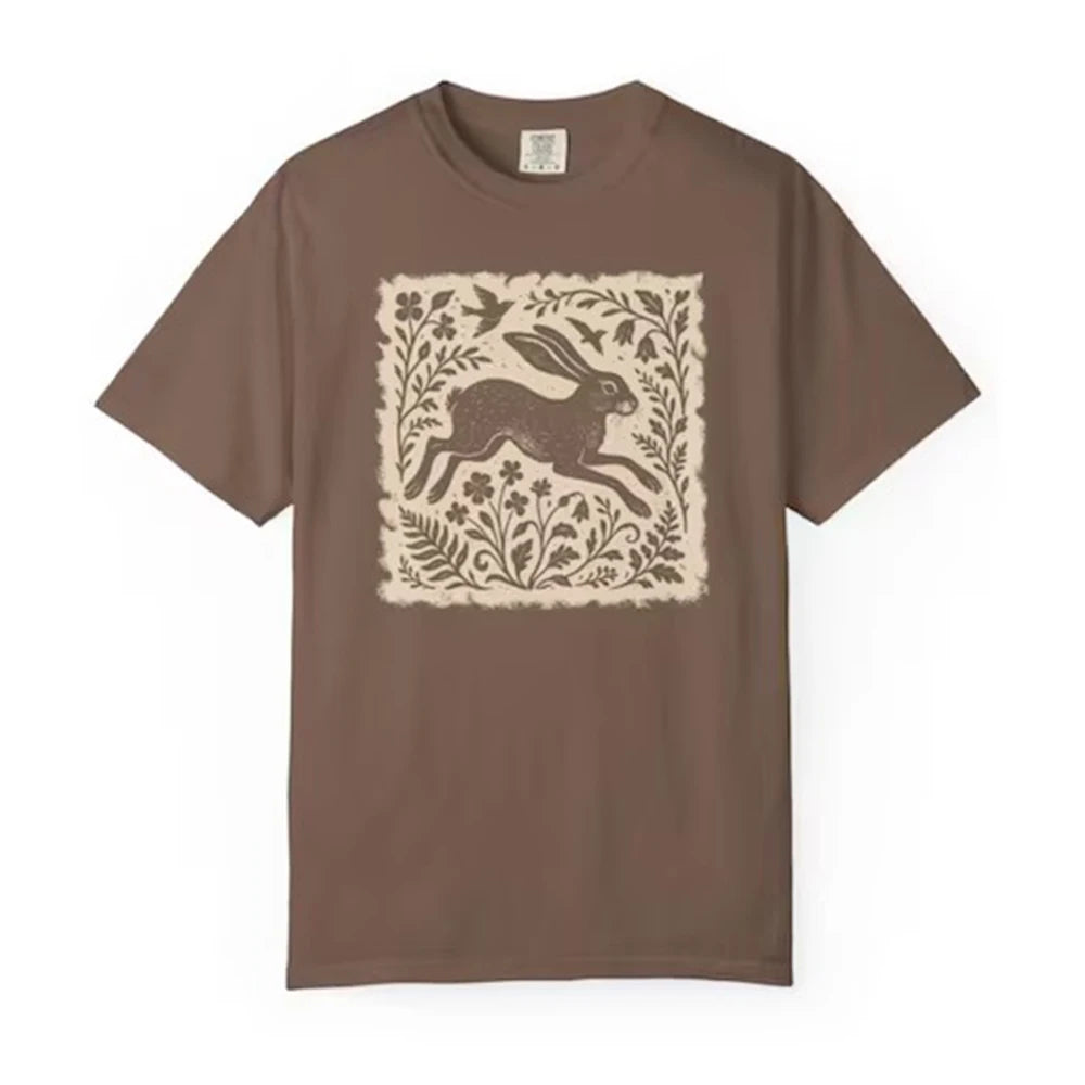 Wild Hare Linoprint T-Shirt Folk Art Forest Animal Naturecore Tee