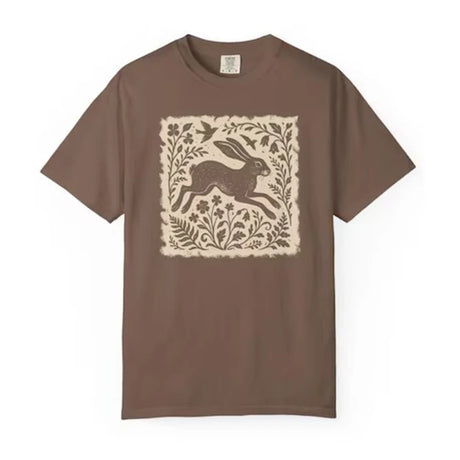 Wild Hare Linoprint T-Shirt Folk Art Forest Animal Naturecore Tee