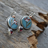 Blue Red Flower Enamel Purple Stone Droplet Dangle Earrings
