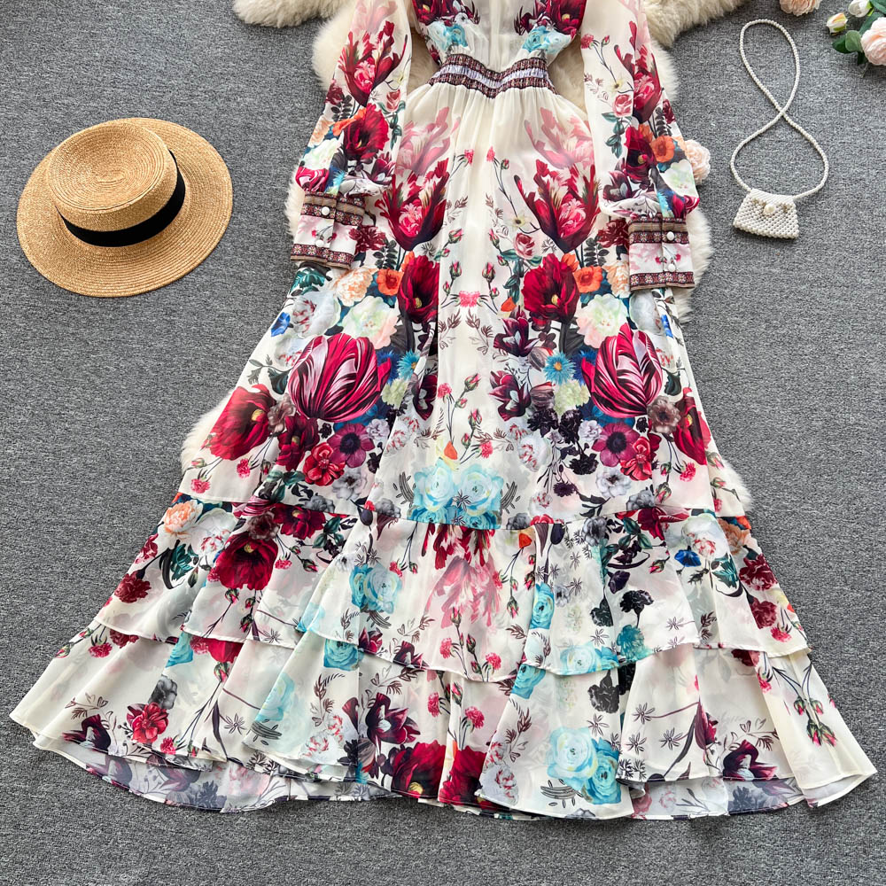 Mandy's Spring Boho Floral Chiffon Cascading Ruffles Dress