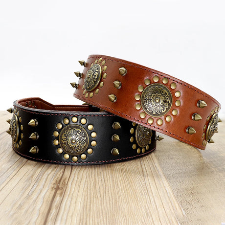 Genuine Leather Dog Collar 2inch Wide Rivets and Spikes Medieval Cosplay